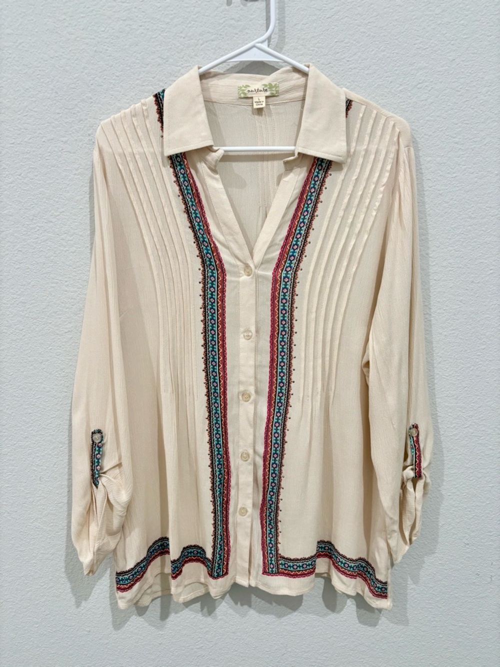 Nurture‎ Pleated Embellished Aztec Button Down Large Tribal Boho Western Chic